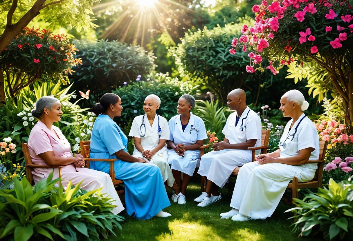 A heartwarming scene of diverse cancer survivors sharing their stories in a lush garden, illuminated by soft sunlight. Include elements symbolizing hope such as butterflies and blooming flowers, alongside medical icons like stethoscopes and ribbons. The background should evoke a sense of calm and support, reflecting the importance of community in the cancer journey. super-realistic. vibrant colors. serene atmosphere.