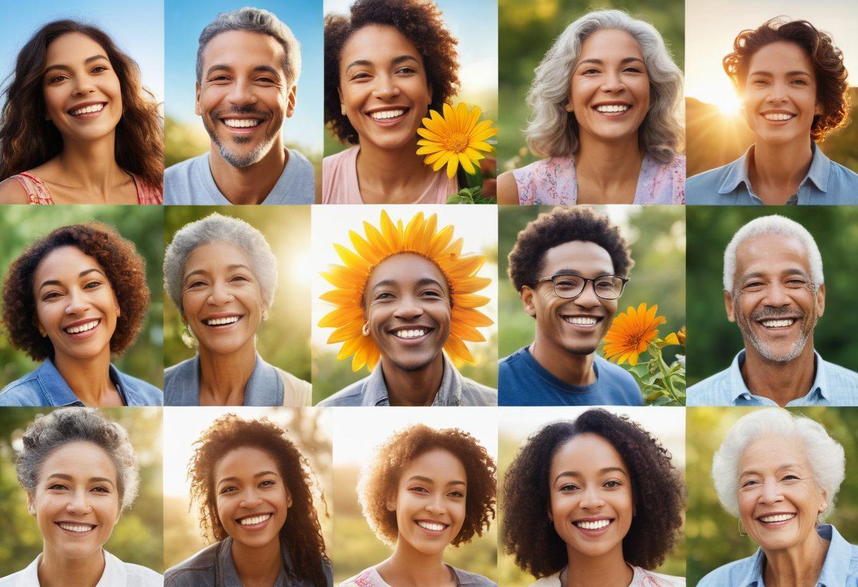 A collage of diverse individuals smiling and celebrating life post-recovery, set against a backdrop of nature symbolizing growth and renewal. Include elements like a blooming flower, a sunrise, and uplifting quotes to represent hope. Show a variety of ages and backgrounds, emphasizing unity and strength. vibrant colors. super-realistic.