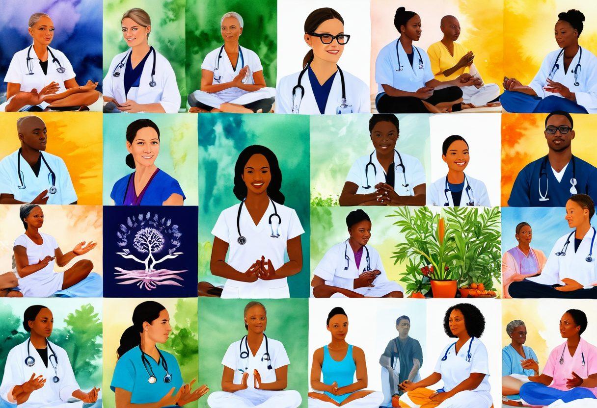 A collage of diverse healthcare professionals collaborating over advanced cancer treatment technologies, including telemedicine tools and holistic healing symbols like nature, yoga, and nutrition. The background should feature a bright hospital setting with sunlight streaming in, symbolizing hope and innovation. Include representations of different cultures to highlight inclusivity. watercolor painting. vibrant colors. soft lighting.